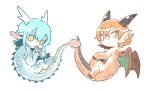  2boys animal animal_feet animal_hands blue_hair chibi claws closed_mouth commentary_request dragon_boy dragon_ears dragon_horns dragon_tail dragon_wings eastern_dragon_horns eastern_dragon_tail eating fins fish full_body green_eyes head_fins highres holding holding_animal holding_fish horns hotathino long_hair looking_at_viewer male_focus monster_boy multiple_boys orange_hair original short_hair simple_background tail white_background wings yellow_eyes 