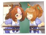  2girls :d ahoge animal_ears blush bow bowtie breasts brown_hair closed_eyes commentary furrowed_brow hair_ornament hairband hand_on_railing happy horse_ears horse_girl horseshoe_ornament large_breasts leaning_forward looking_at_another medium_hair meisho_doto_(umamusume) multicolored_hair multiple_girls naik open_mouth ponytail puffy_short_sleeves puffy_sleeves purple_bow purple_bowtie purple_sailor_collar purple_shirt real_life sailor_collar school_uniform shirt short_sleeves smile stable star_(symbol) star_hair_ornament summer_uniform taiki_shuttle_(umamusume) tracen_school_uniform two-tone_hair umamusume violet_eyes wavy_mouth white_hair white_sailor_collar 
