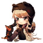  1girl animal_ear_headwear animal_ears artist_name beanie bear_ears black_hat black_headphones black_nails black_pants black_shirt blonde_hair boots brown_eyes brown_jacket chibi closed_mouth commentary commission dachshund dog earflap_beanie english_commentary eyelashes fake_animal_ears fringe_trim full_body grey_footwear hand_on_headwear hand_on_own_leg hat headphones headphones_around_neck jacket knees_up light_blush long_hair looking_at_viewer multicolored_clothes multicolored_jacket nail_polish open_clothes open_jacket original pants paw_print paw_print_pattern pink_lips satchely scarf shirt sidelocks sitting smile solo striped_clothes striped_jacket transparent_background two-sided_fabric two-sided_headwear two-tone_jacket very_long_hair white_jacket white_scarf 