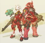  2girls armor assault_visor black_capelet capelet char_aznable gun gundam holding holding_gun holding_weapon multiple_girls nakayama_tooru red_armor red_helmet robot shadow weapon white_helmet yellow_background 