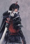  1boy black_cape black_hair cape clive_rosfield closed_mouth cowboy_shot facial_hair final_fantasy final_fantasy_xvi gauntlets grey_background highres hood hooded_cape looking_at_viewer looking_back male_focus red_vest solo stubble sword sword_on_back vest weapon weapon_on_back wibble_w 