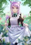  1girl absurdres alternate_costume animal_ears apron aqua_bow aqua_bowtie bow bowtie enmaided frilled_apron frills halcioneis highres horse_ears horse_girl horse_tail long_hair long_sleeves looking_at_viewer maid maid_apron maid_headdress mejiro_mcqueen_(umamusume) outdoors puffy_sleeves purple_hair solo standing tail umamusume violet_eyes white_apron 