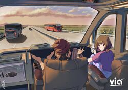  1boy 1girl :d absurdres aldo_(yudhacakranidji) black_hair blue_pants bus bus_interior car closed_mouth clouds coffee cup drink guard_rail hat highres highway holding holding_cup holding_drink indonesia looking_at_another looking_to_the_side malaysian_secondary_school_uniform motor_vehicle nayla_(yudhacakranidji) original outdoors pants purple_shirt road school_uniform shadow shirt short_sleeves sitting smile sports_utility_vehicle sunset t-shirt talking traffic yudhacakranidji 