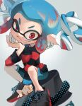  1girl black_footwear black_shorts bloblobber_(splatoon) blue_hair earrings gradient_hair grin hand_up highres inkling jewelry koike3582 light_blue_hair long_sleeves multicolored_hair pointy_ears red_eyes red_sole-chan_(splatoon) redhead shoelaces shoes short_hair shorts simple_background sitting smile solo splatoon_(manga) splatoon_(series) striped_clothes striped_sweater sweater teeth tentacle_hair twintails two-tone_hair uneven_eyes v-shaped_eyebrows white_background 