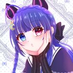  1girl :o ahoge animal_ears anjou_seira assault_lily black_bow black_bridal_gauntlets blue_eyes blue_hair blunt_bangs blush bow braid bridal_gauntlets cat_ears commentary crown_braid fake_animal_ears hair_bow hands_on_own_cheeks hands_on_own_face hands_up hetero heterochromia highres lace_background long_hair looking_at_viewer low_ponytail parted_lips pink_eyes polka_dot polka_dot_background ponytail portrait school_uniform side_braids solo symbol-only_commentary tetsukawa_toa twin_braids white_background yurigaoka_girls_academy_school_uniform 