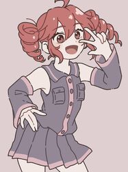  1girl ahoge breast_pocket collared_shirt commentary_request cowboy_shot detached_sleeves drill_hair hand_on_own_hip hand_up highres kasane_teto long_sleeves looking_at_viewer ontama_carbonara open_mouth pleated_skirt pocket red_eyes redhead shirt skirt sleeveless sleeveless_shirt smile solo twin_drills utau w 