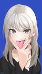  1girl black_sweater blue_background commentary_request cunnilingus_gesture earclip girls_band_cry grey_eyes grey_hair highres kawaragi_momoka long_hair long_sleeves looking_at_viewer minasokoshizumu simple_background solo sweater tongue tongue_out upper_body v_over_mouth 
