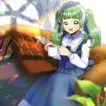  1girl :d apron blue_apron blurry blurry_foreground bow commentary_request commission copyright_request couch cup depth_of_field dress feet_out_of_frame frilled_apron frills green_eyes green_hair holding holding_cup kou_hiyoyo long_sleeves looking_at_viewer maid maid_headdress mug on_couch puffy_long_sleeves puffy_sleeves sitting skeb_commission smile solo steam twintails virtual_youtuber white_bow white_dress 