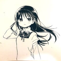  1girl akemi_homura bow bowtie collared_shirt commentary dot_nose expressionless floating_hair hairband hand_in_own_hair high_collar highres juliet_sleeves lace-trimmed_sleeves lace_trim light_blush long_hair long_sleeves looking_at_viewer mahou_shoujo_madoka_magica mahou_shoujo_madoka_magica_(anime) mitakihara_school_uniform nib_pen_(medium) no+bi= parted_lips photo_(medium) puffy_sleeves school_uniform shikishi shirt solo studded_hairband symbol-only_commentary traditional_media upper_body very_long_hair wind 