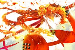  1boy brown_eyes brown_hair cropped_jacket fiery_hair flower headband holding holding_polearm holding_weapon jacket jewelry long_hair looking_ahead male_focus necklace open_mouth parted_lips polearm ponytail portrait red_headband red_jacket rose sanada_yukimura_(sengoku_basara) sawa12sss sengoku_basara teeth toned topless_male upper_teeth_only weapon white_background 