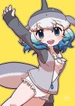  1girl bare_legs blowhole blue_eyes blue_hair blush bow bowtie cetacean_tail common_bottlenose_dolphin_(kemono_friends) cowboy_shot dolphin_girl dorsal_fin fins fish_tail frilled_one-piece_swimsuit frills grey_hair grey_sweater hair_between_eyes head_fins highres kemono_friends kemono_friends_3 long_sleeves looking_at_viewer mugise_hitsuji multicolored_hair official_alternate_costume one-piece_swimsuit open_mouth short_hair sleeves_past_wrists smile solo sweater swimsuit tail two-tone_sweater white_bow white_bowtie white_hair white_one-piece_swimsuit 