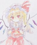  1girl ascot bat_wings blonde_hair crystal flandre_scarlet hat hat_ribbon hiyuu_(hiyualice) mob_cap multicolored_wings one_side_up puffy_short_sleeves puffy_sleeves red_eyes red_skirt red_vest ribbon short_sleeves side_ponytail skirt skirt_set solo touhou traditional_media upper_body vest white_hat wings yellow_ascot 