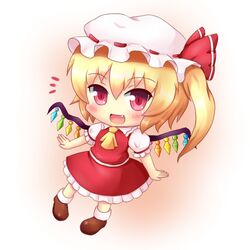  1girl ascot blush chibi chibi_only crystal flandre_scarlet hair_between_eyes hat hat_ribbon kane-neko looking_at_viewer mob_cap red_eyes red_skirt ribbon shoes short_sleeves simple_background skirt solo touhou white_background wings yellow_ascot 