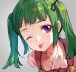  1girl fire_emblem fire_emblem_fates green_hair japanese_clothes jurge midori_(fire_emblem) one_eye_closed portrait short_twintails solo tongue tongue_out twintails violet_eyes 