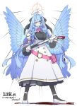  1girl angel_wings belt belt_pouch black_ribbon blood blood_drip blood_on_weapon blue_archive blue_hair blue_wings bow bowtie braid breasts buttons commentary_request dr_yamero dress full_body gloves gown green_eyes gun hair_ribbon halo hat highres holding holding_gun holding_weapon juliet_sleeves large_breasts light_blue_hair long_sleeves mine_(blue_archive) nurse_cap pink_belt pink_bow pink_bowtie pointy_ears pouch puffy_sleeves ribbon shotgun solo translation_request twin_braids weapon white_background white_dress white_gloves white_headwear winchester_model_1887 wings 