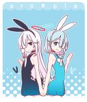  2girls animal_ear_hairband animal_ears arona_(blue_archive) back-to-back black_choker blue_archive blue_background blue_eyes blue_hair braid choker colored_inner_hair cowboy_shot fake_animal_ears fake_tail grey_hair hair_over_one_eye hairband halo hand_up highres holding_hands interlocked_fingers long_bangs long_hair looking_at_viewer multicolored_hair multiple_girls outline pink_hair plana_(blue_archive) rabbit_ear_hairband rabbit_ears rabbit_tail red_pupils short_hair single_braid tail white_choker yoru_nai 