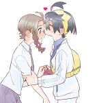  1boy 1girl 4lily bag black_hair blue_shirt blush braid brown_eyes brown_hair closed_eyes collared_shirt from_side gloves hair_between_eyes heart hetero highres jacket juliana_(pokemon) kieran_(pokemon) kiss kissing_forehead open_mouth partially_fingerless_gloves pokemon pokemon_sv profile purple_hair red_gloves shirt shorts simple_background single_glove sweat white_background white_shirt yellow_bag 