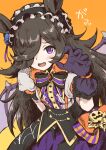  1girl animal_ears bat_wings blush bow bowtie brown_hair claw_pose fangs frilled_hairband frills gloves hair_over_one_eye hairband hand_up highres horse_ears long_hair looking_at_viewer orange_background orange_bow puffy_short_sleeves puffy_sleeves purple_gloves purple_skirt raised_eyebrows rice_shower_(make_up_vampire!)_(umamusume) rice_shower_(umamusume) satomura_kyou shirt short_sleeves skirt solo umamusume upper_body violet_eyes white_shirt wings 