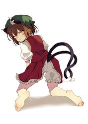  1girl :/ absurdres animal_ear_fluff animal_ear_piercing animal_ears ass barefoot bloomers brown_eyes brown_hair cat_ears cat_tail chen commentary_request dress earrings frills from_behind gold_trim hat highres jewelry kneeling leaning_forward looking_at_viewer looking_back mob_cap multiple_tails nekomata petticoat puffy_short_sleeves puffy_sleeves red_dress red_skirt red_vest seika_okawari shadow short_hair short_sleeves simple_background single_earring skirt skirt_set soles solo tail toes touhou two_tails v-shaped_eyebrows vest white_background 