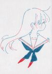  1girl blue_neckerchief colored_lineart commentary highres limited_palette long_hair looking_to_the_side neckerchief original profile sailor_collar school_uniform serafuku signature simple_background solo symbol-only_commentary traditional_media upper_body watari_(nijimukiokuiro) white_background 