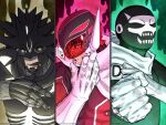  3boys akabane_sousei akutami_gege_(style) aura black_sclera cape clenched_hands colored_sclera domain_expansion footsoldier_d giga-invader_death_messiah gloves helmet highres horns jujutsu_kaisen licking_lips magnusmedic mole mole_under_eye multiple_boys parody puckered_lips red_keeper scarf see-through_headwear sentai_dai_shikkaku skull spoilers teeth tongue tongue_out white_gloves 
