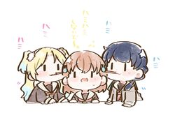  3girls :3 blonde_hair blue_hair blue_ribbon blush brown_cardigan cardigan chibi chibi_only closed_mouth colored_tips crossed_bangs dark_blue_hair flower flying_sweatdrops g_teall hair_flower hair_in_another&#039;s_mouth hair_ornament hair_ribbon hands_on_table hasu_no_sora_school_uniform highres hinoshita_kaho light_blue_hair link!_like!_love_live! long_hair looking_at_another love_live! low_twintails medium_hair mole mole_on_neck motion_lines multicolored_hair multiple_girls murano_sayaka open_cardigan open_clothes open_mouth orange_hair osawa_rurino parted_bangs rabbit_hair_ornament ribbon school_uniform simple_background twintails two_side_up virtual_youtuber white_background white_flower winter_uniform |_| 