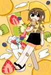  1girl bandaid bandaid_on_knee bandaid_on_leg bare_legs black_footwear black_shorts blueberry brown_eyes brown_hair cat collared_shirt eating food fruit highres inomarudayo kiwi_(fruit) lemon looking_at_viewer medium_hair original popsicle sandals shirt shirt_tucked_in short_sleeves shorts solo strawberry 