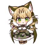  1girl absurdres animal_ears camouflage cat_ears cat_girl elbow_gloves extra_ears full_body gloves green_eyes grey_hair hebi_neco highres jacket jungle_cat_(kemono_friends) kemono_friends kemono_friends_v_project long_hair looking_at_viewer microphone ribbon simple_background skirt solo thigh-highs twintails virtual_youtuber 