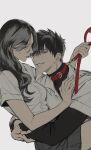  1boy 1girl black_hair couple dark_skin eye_contact hand_on_another&#039;s_chest hetero highres holding holding_leash holding_waist hug leash long_hair looking_at_another original oxi206 school_uniform short_hair smile turtleneck 