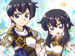  1boy 1girl armor belt black_hair blush breastplate brother_and_sister cowlick fire_emblem fire_emblem:_genealogy_of_the_holy_war larcei_(fire_emblem) looking_at_viewer purple_tunic sakusaku7r scathach_(fire_emblem) shoulder_armor siblings sidelocks smile star_(symbol) tomboy tunic twins violet_eyes 