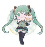 &gt;_o 1girl :3 :q ayu_(mog) birthday_cake black_skirt black_thighhighs blue_necktie blush_stickers cake candle chibi detached_sleeves dot_nose duplicate food food_on_face fork green_eyes green_hair hatsune_miku holding holding_fork long_hair long_sleeves looking_at_viewer necktie one_eye_closed pleated_skirt skirt smile solo thigh-highs tongue tongue_out twintails very_long_hair vest vocaloid 
