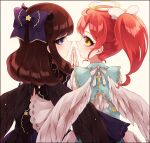  2girls angel_and_devil ao_(ao0_0nemu) bad_id bad_pixiv_id black_horns black_wings blue_bow blue_eyes bow brown_hair closed_mouth cross demon_horns feathered_wings from_behind hair_bow halo hand_on_hand hand_up highres horns kurosu_aroma long_hair long_sleeves looking_at_viewer looking_back multiple_girls ponytail pretty_series pripara redhead ribbon shiratama_mikan simple_background white_ribbon white_wings wide_sleeves wings yellow_eyes yellow_halo 