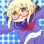  1girl artoria_pendragon_(fate) black_bow blonde_hair blue_background blue_sailor_collar blue_serafuku blue_shirt blue_skirt blush bow braid braided_bun brown_eyes commentary_request fate/grand_order fate_(series) glasses hair_between_eyes hair_bow hair_bun halftone halftone_background kasuga_yuuki mysterious_heroine_x_alter_(fate) neckerchief open_mouth pleated_skirt red-framed_eyewear red_neckerchief sailor_collar school_uniform semi-rimless_eyewear serafuku shirt skirt solo under-rim_eyewear undershirt white_shirt 