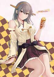  1girl alternate_costume bare_shoulders black_hair breasts brown_eyes checkered_background closed_mouth detached_sleeves english_text hair_between_eyes hair_ornament hairclip haruna_(kancolle) haruna_kai_ni_(kancolle) headgear highres holding holding_ice_cream_cone ice_cream_cone invisible_chair japanese_clothes jouzaburou_(joe3) kantai_collection kimono large_breasts long_hair looking_at_viewer nontraditional_miko red_skirt ribbon-trimmed_sleeves ribbon_trim sitting skirt smile solo white_kimono wide_sleeves 