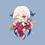  1girl ;d blue_background blue_ribbon blush chibi chibi_only english_commentary fire_emblem fire_emblem:_radiant_dawn fire_emblem_heroes full_body hair_ribbon japanese_clothes kimono kyousa38 long_hair long_sleeves looking_at_viewer micaiah_(fire_emblem) micaiah_(hoshidan_summer)_(fire_emblem) official_alternate_costume one_eye_closed open_mouth red_kimono ribbon smile solo twitter_username white_hair wide_sleeves yellow_eyes 