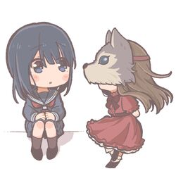  2girls :o anzai_kokoro bad_id bad_twitter_id black_footwear black_socks blue_eyes blue_hair blue_serafuku blue_shirt blue_skirt brown_hair chibi commentary_request dress frilled_dress frills full_body garubegaru highres inactive_account kagami_no_kojou long_hair long_sleeves looking_at_another looking_to_the_side multiple_girls neckerchief ookami-sama_(kagami_no_kojou) open_mouth own_hands_together pleated_skirt puffy_short_sleeves puffy_sleeves red_dress red_neckerchief sailor_collar school_uniform serafuku shirt shoes short_sleeves sitting skirt socks white_background wolf_mask 