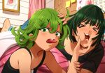  &gt;o&lt; 2girls bare_shoulders barefoot bed black_shirt blush breasts cheek_squash fubuki_(one-punch_man) green_eyes green_hair highres khyle. large_breasts lying medium_hair multiple_girls on_stomach one-punch_man pants poster_(object) shirt short_sleeves siblings sisters tatsumaki teeth tongue tongue_out upper_teeth_only 