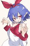  1girl animal_ears armpits arms_behind_head blue_hair deal360acv detached_sleeves disgaea facing_viewer hair_ribbon highres long_sleeves looking_at_viewer looking_up medium_hair pleinair pointy_ears red_eyes red_ribbon ribbon simple_background solo upper_body white_background 