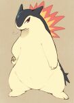  black_fur brown_background dorobo_93 fire full_body hand_on_own_hip highres looking_to_the_side multicolored_fur no_humans pokemon pokemon_(creature) red_eyes simple_background solo standing typhlosion yellow_fur 