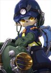  1boy blue_hair commentary_request explosher_(splatoon) gloves green_gloves highres holding holding_weapon inkling inkling_boy inkling_player_character lifebuoy looking_at_viewer male_focus mining_helmet pointy_ears rubber_gloves salmon_run_(splatoon) short_hair simple_background solo splatoon_(series) splatoon_3 suityunosakana swim_ring tentacle_hair weapon white_background yellow_eyes 