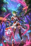  1girl asellus_(saga_frontier) black_gloves black_thighhighs cape closed_mouth elbow_gloves flower full_body gloves green_hair high_heels highres holding holding_sword holding_weapon nemusuke official_art red_eyes red_flower red_rose romancing_saga_re;universe rose saga saga_frontier short_hair shorts solo square_enix stairs standing sword thigh-highs tree weapon 