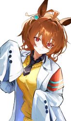  1girl agnes_tachyon_(umamusume) ahoge animal_ears bardaneekaki brown_hair closed_mouth collared_shirt earrings hair_between_eyes highres horse_ears horse_girl jacket jewelry lab_coat long_hair long_sleeves looking_at_viewer necktie open_clothes open_jacket red_eyes shirt short_hair short_necktie simple_background single_earring sleeves_past_fingers sleeves_past_wrists smile solo sweater sweater_vest tail umamusume upper_body white_background yellow_sweater yellow_sweater_vest 