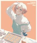  1girl apron arm_up baking baking_sheet blush border character_doll commentary_request cookie cup flower_hairpin food green_apron hair_between_eyes hand_on_own_hip happy_valentine highres jack_jeanne long_sleeves looking_at_viewer orange_background oven_mitts pale_color pink_hair shirota_mitsuki short_hair smile solo spoon strap_slip succhii_(pikaru) sweater tachibana_kisa upper_body valentine white_border white_sweater yellow_eyes 