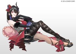  1girl asymmetrical_horns asymmetrical_legwear black_bridal_gauntlets black_footwear black_hair blue_hair bow breasts bridal_gauntlets checkered_thighhighs colored_inner_hair demon_horns fishnet_thighhighs fishnets hair_bow hair_ornament high_heels highres hololive hololive_english horns jailbird_(nerissa_ravencroft) long_hair mismatched_legwear mole mole_under_eye multicolored_hair multiple_views nerissa_ravencroft official_alternate_costume official_art platform_footwear red_bow red_eyes simple_background sitting smile thigh-highs two-tone_hair uneven_horns virtual_youtuber white_background yunny_(cureyunny) 