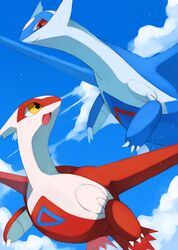  :d absurdres claws closed_mouth clouds commentary day happy highres kou11021301 latias latios no_humans open_mouth outdoors pokemon pokemon_(creature) red_eyes sky smile symbol-only_commentary yellow_eyes 