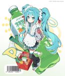  alternate_costume apron barcode basket bell_pepper black_skirt blue_eyes blue_hair bottle full_body grey_jacket hatsune_miku highres holding jacket long_hair looking_at_viewer pleated_skirt skirt smile spring_onion tomato twintails u_nyam very_long_hair vocaloid zipper_pull_tab 