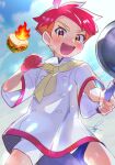  1boy :d blush buttons chokutsuu_(menino) clenched_hand commentary_request crispin_(pokemon) day fire food from_below frying_pan gloves highres holding holding_frying_pan jacket looking_down male_focus open_mouth outdoors pink_pupils pokemon pokemon_sv redhead sandwich short_hair short_sleeves shorts signature single_glove sky smile solo sweat teeth upper_teeth_only white_jacket white_shorts 
