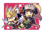  2boys armor blue_eyes brown_hair calligraphy_brush chibi chibi_only chinese_armor chinese_clothes facial_hair fang full_body goatee_stubble hat helmet holding holding_pen kotorai long_hair ma_chao ma_dai male_focus multiple_boys no_nose outline oversized_object paintbrush pen shin_sangoku_musou signature star_(symbol) striped_background stubble teeth thick_eyebrows upper_teeth_only very_long_hair white_hair white_outline 