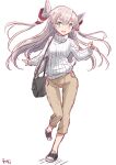  1girl alternate_costume amatsukaze_(kancolle) bag brown_pants commentary_request dress fuji_(pixiv24804665) full_body grey_hair hair_tubes handbag highres kantai_collection long_hair looking_at_viewer pants sailor_dress simple_background smile solo sweater two_side_up white_background white_sweater 