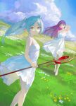 2girls absurdres adjusting_hair aqua_hair bare_legs barefoot blue_flower blue_sky blunt_bangs breasts closed_mouth clouds darr1o dress elf feet_out_of_frame fern_(sousou_no_frieren) floating_clothes floating_hair flower frieren full_body grasslands green_eyes heel_up highres holding holding_staff large_breasts legs long_hair looking_at_viewer looking_to_the_side multiple_girls outdoors parted_bangs pointy_ears purple_hair sky sleeveless sleeveless_dress small_breasts smile sousou_no_frieren spaghetti_strap staff straight_hair sundress thick_eyebrows toes twintails violet_eyes white_dress white_flower white_hair wind yellow_flower 